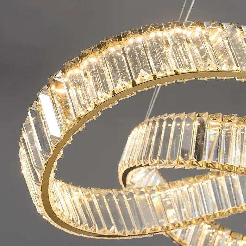 DecorBites crystal chandelier pendant lamp with clear rectangular crystals in polished gold for modern living rooms