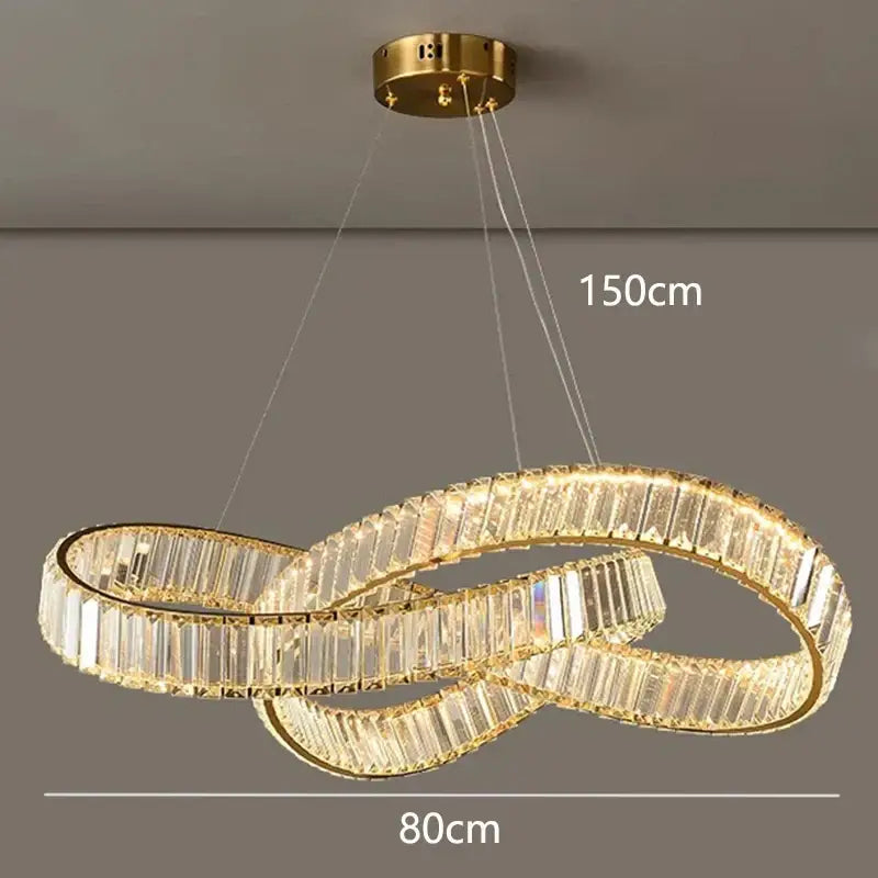 Gold-finished infinity loop decorbites crystal chandelier pendant lamp with clear crystal rectangular prisms for modern rooms