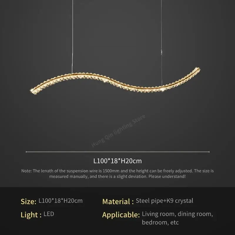A sleek curved decorbites crystal chandelier pendant lamp with golden finish and embedded k9 crystals for living room