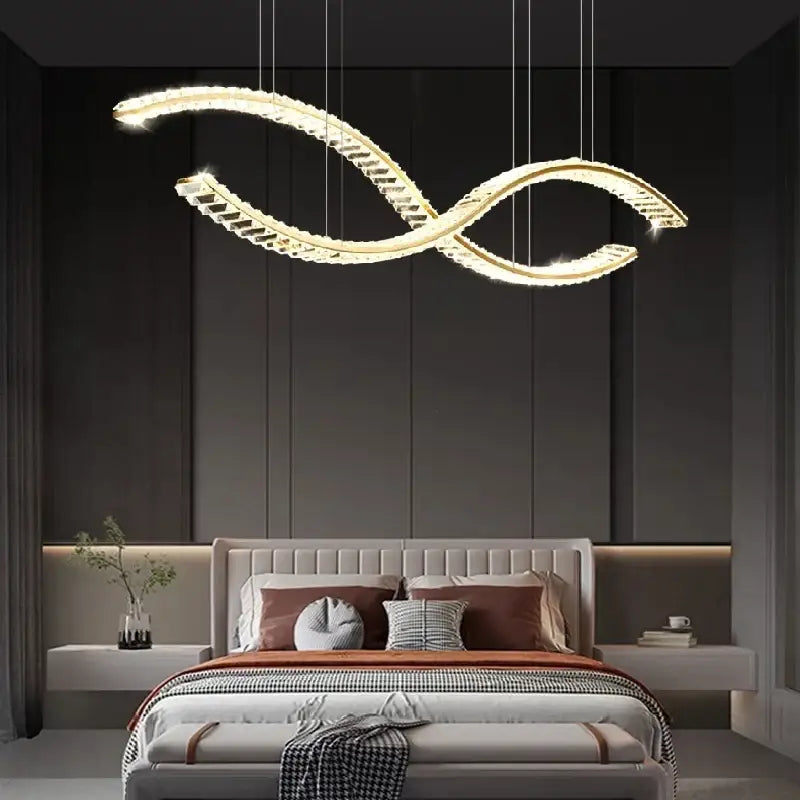 DecorBites crystal chandelier pendant lamp with gold-toned infinity frame and crystal accents for living room lighting