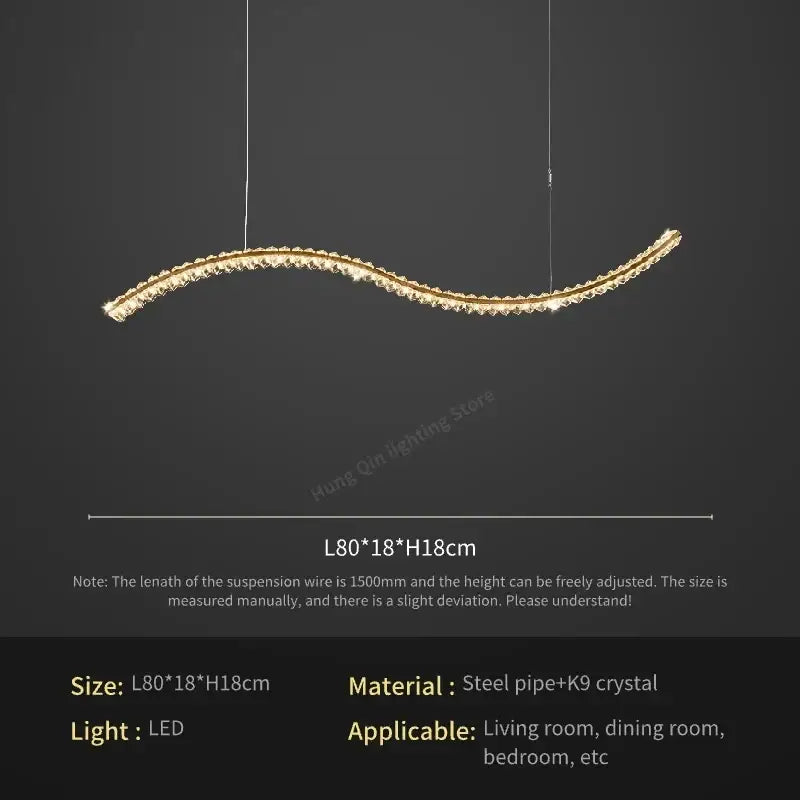 A sleek curved gold decorbites crystal chandelier pendant lamp with embedded k9 crystals for living room use