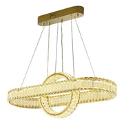 Gold-toned decorbites crystal chandelier with two interlocking crystal rings and sleek rectangular ceiling mount for modern lighting