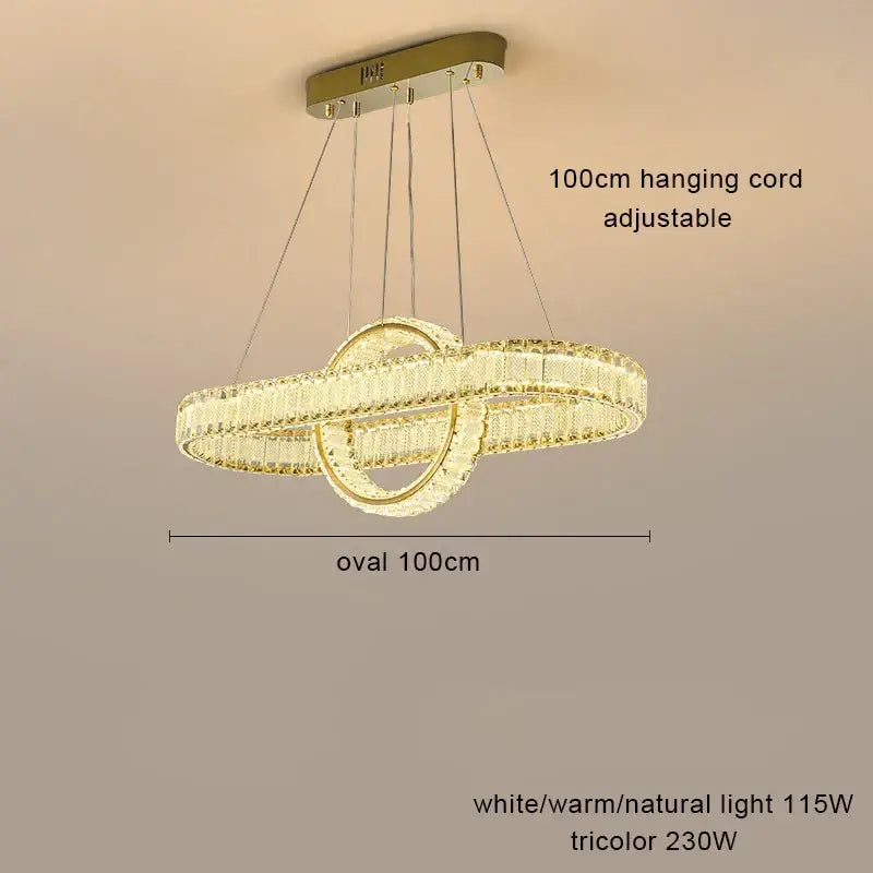 Gold-toned decorbites crystal chandelier pendant lamp with two interlocking crystal rings and adjustable 100cm cord
