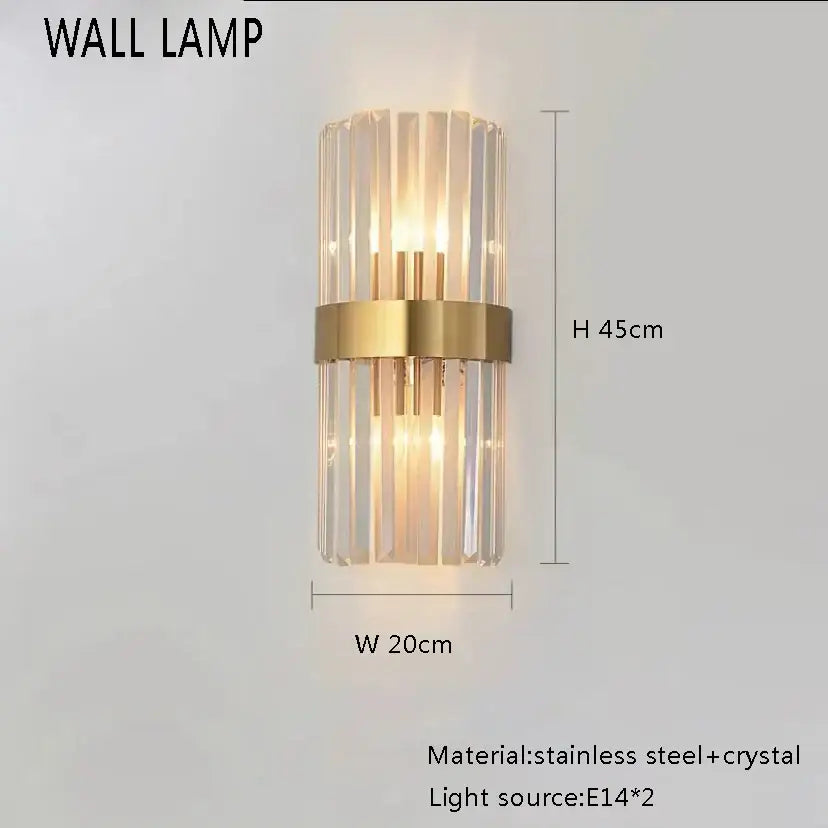 Modern wall lamp with vertical crystal rods and gold-toned stainless steel band from decorbites crystal chandelier line