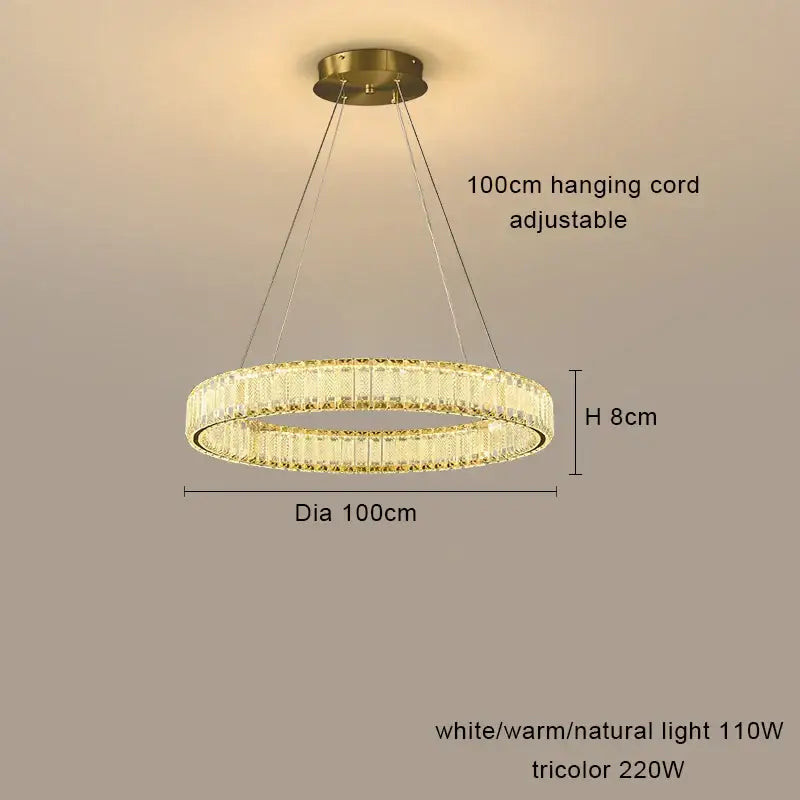 Gold-toned decorbites crystal chandelier pendant lamp with clear crystals and adjustable 100cm cord for modern living rooms