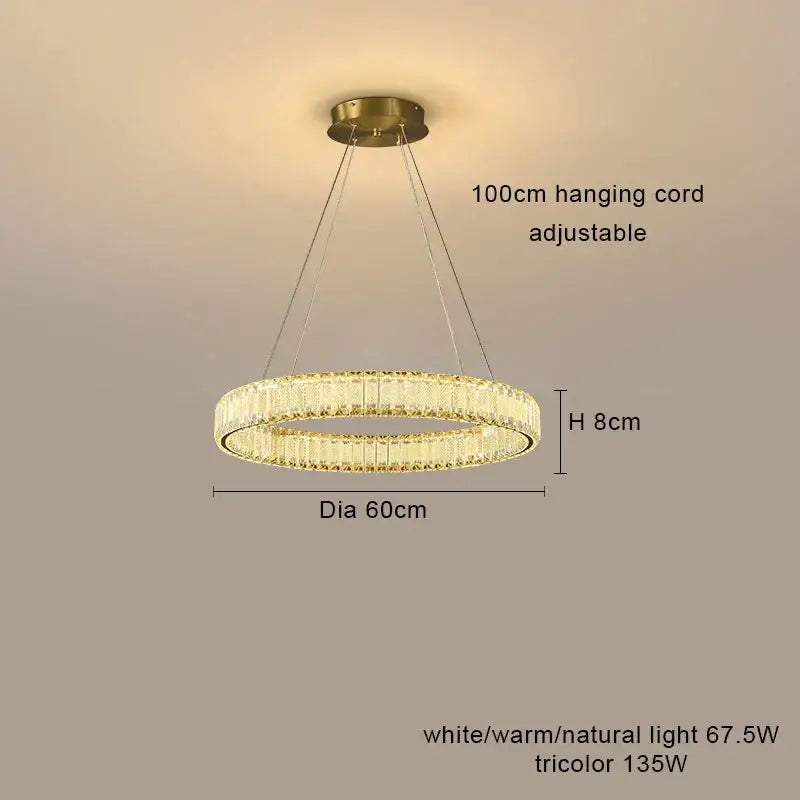 Gold-toned decorbites crystal chandelier with two concentric crystal rings and 100cm adjustable hanging cord for modern lighting