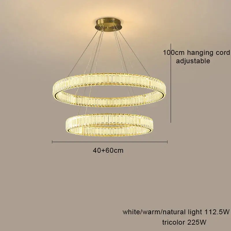 Gold-toned decorbites crystal chandelier with double crystal-encrusted rings and adjustable hanging cord for modern living rooms