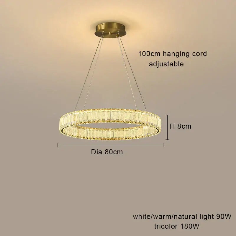 Gold-toned decorbites crystal chandelier pendant lamp with two concentric crystal rings and 100cm adjustable cord for modern living rooms