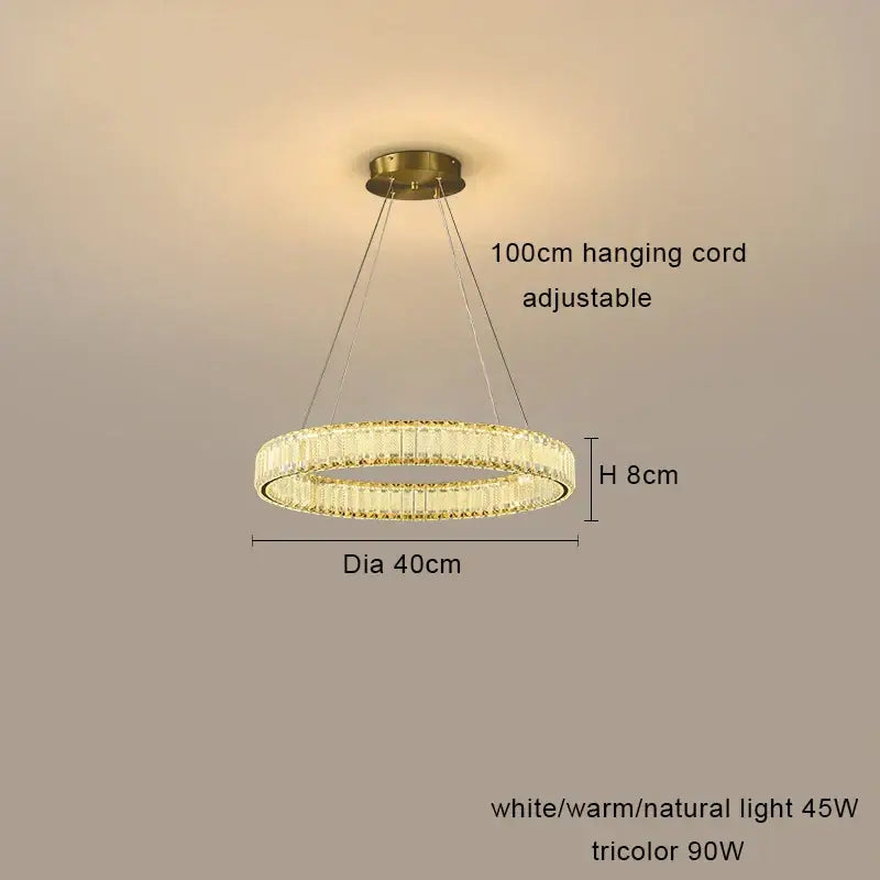 Gold-toned decorbites crystal chandelier pendant lamp with two concentric crystal rings and adjustable 100cm cord