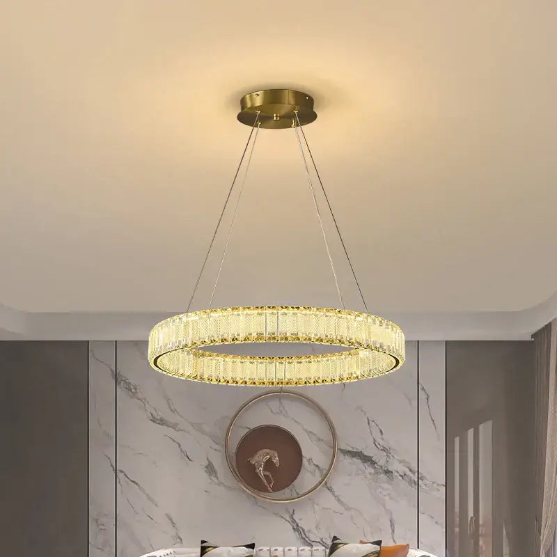 Gold-toned decorbites crystal chandelier pendant lamp with two concentric crystal rings for modern living room lighting