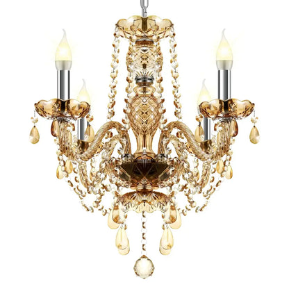 A gold-toned decorbites crystal chandelier pendant light with intricate cut glass and teardrop crystals for luxury decor