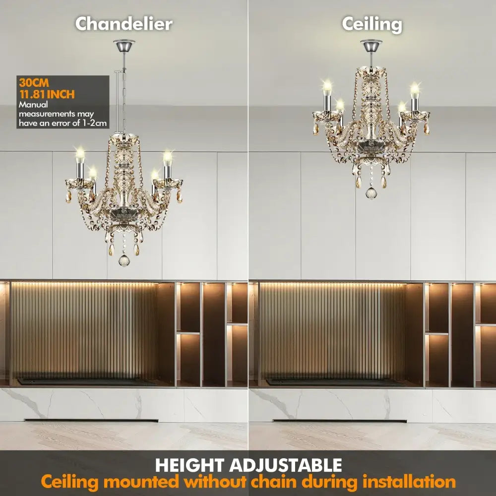 Decorbites crystal chandelier pendant light in cognac gold with silver ornate design and crystal droplets for luxury interiors