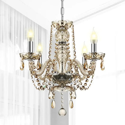 Elegant gold-toned decorbites crystal chandelier with intricate cut glass and dangling beads for luxury living spaces