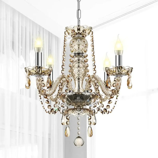 Elegant gold-toned decorbites crystal chandelier with intricate cut glass and dangling beads for luxury living spaces