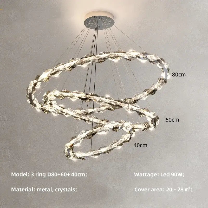 Modern three-ring decorbites crystal chandelier pendant light with interlocking crystal rings and led chrome frame