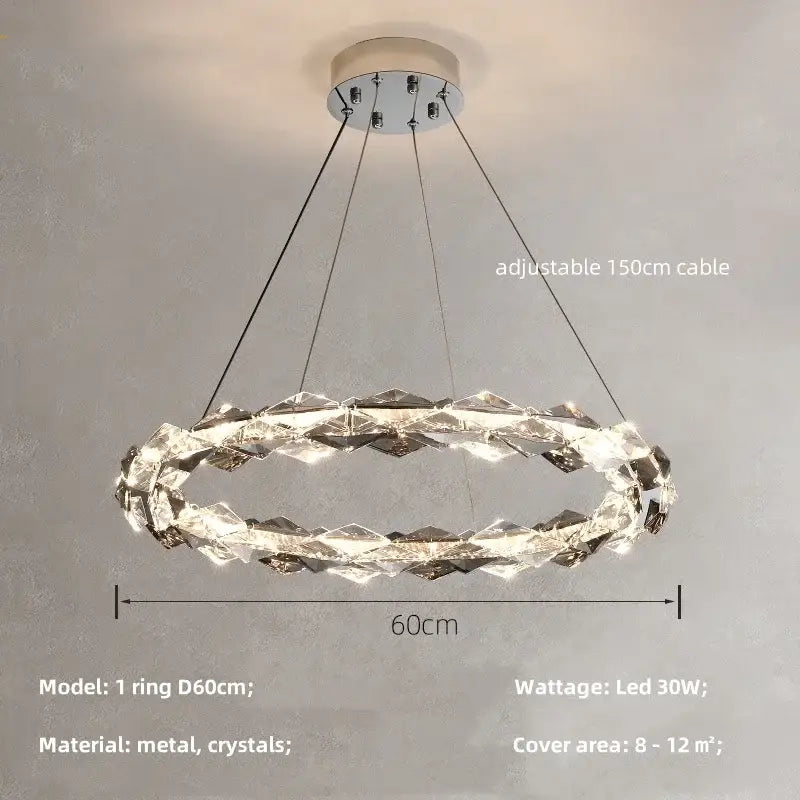 Decorbites crystal chandelier pendant light with metallic base, hanging crystal segments, and adjustable 150cm cable
