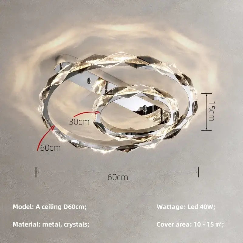 A modern decorbites crystal chandelier pendant light with interlocking crystal rings and a chrome metallic frame