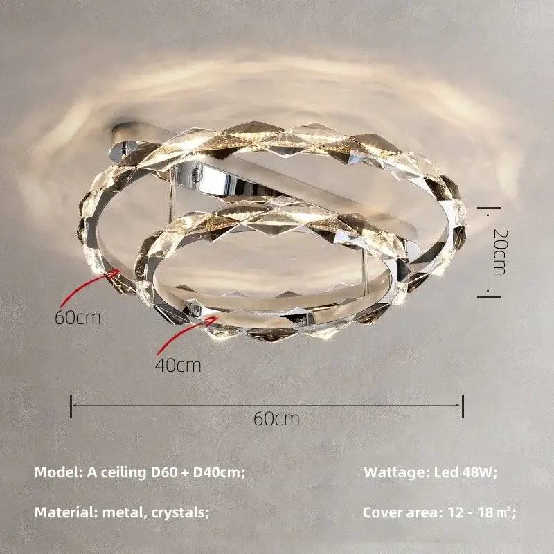 Decorbites crystal chandelier pendant light with two interlocking crystal rings and sleek chrome frame pendant light