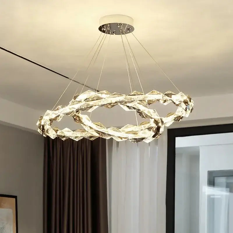 Modern decorbites crystal chandelier pendant light with interlocking rings clear glass and chrome finish dimmable LED luminaire