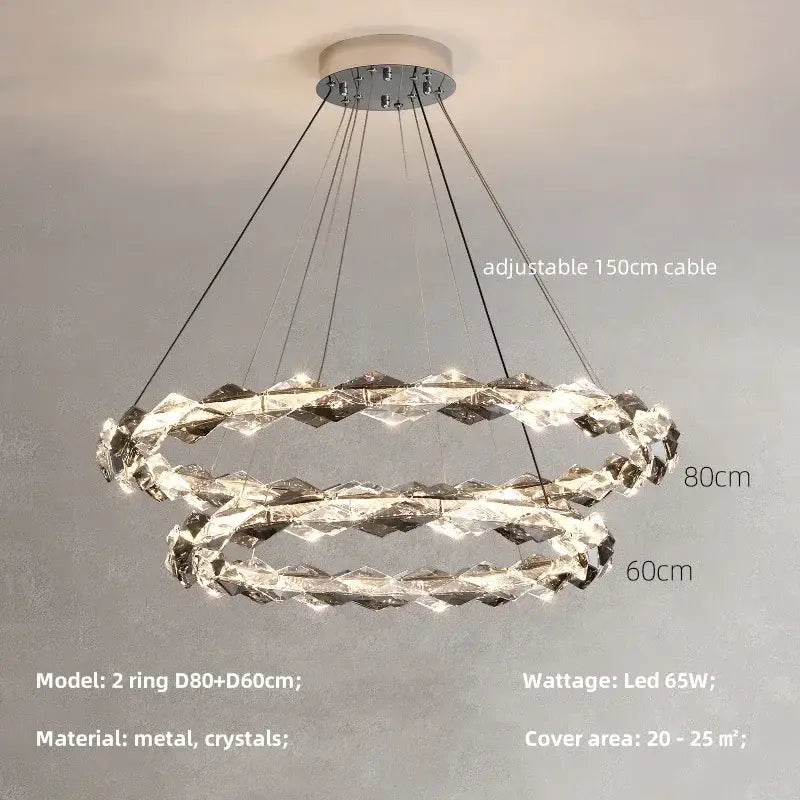 Modern double-ring decorbites crystal chandelier pendant light with faceted clear crystals and chrome metallic frame