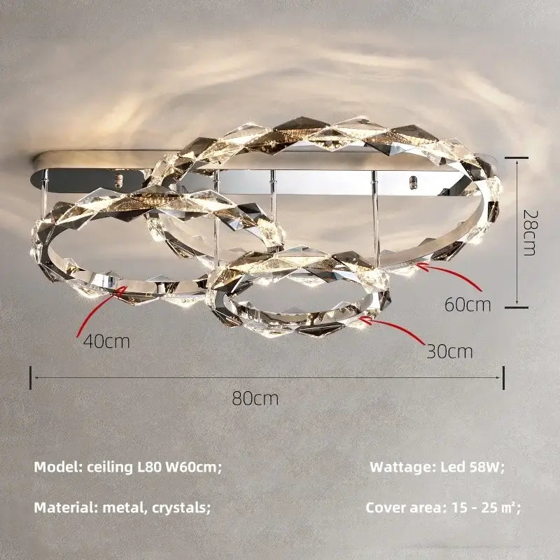 Modern dimmable decorbites crystal chandelier pendant light with interlocking rings polished metal and clear crystals chrome