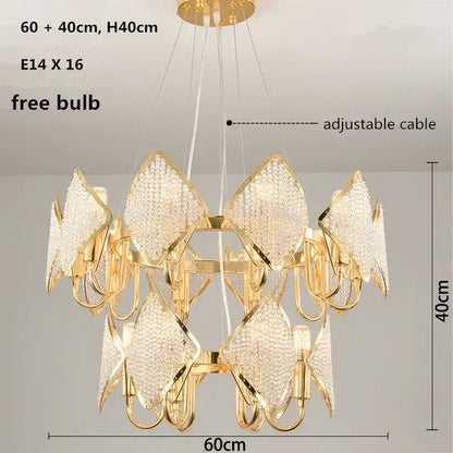 Gold-toned decorbites crystal chandelier pendant light with diamond-shaped crystal panels for elegant living room decor