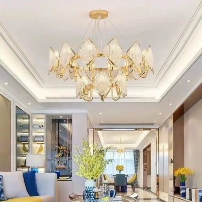 Gold-toned DecorBites crystal chandelier pendant light with faceted crystal shades in a circular petal design for living room decor