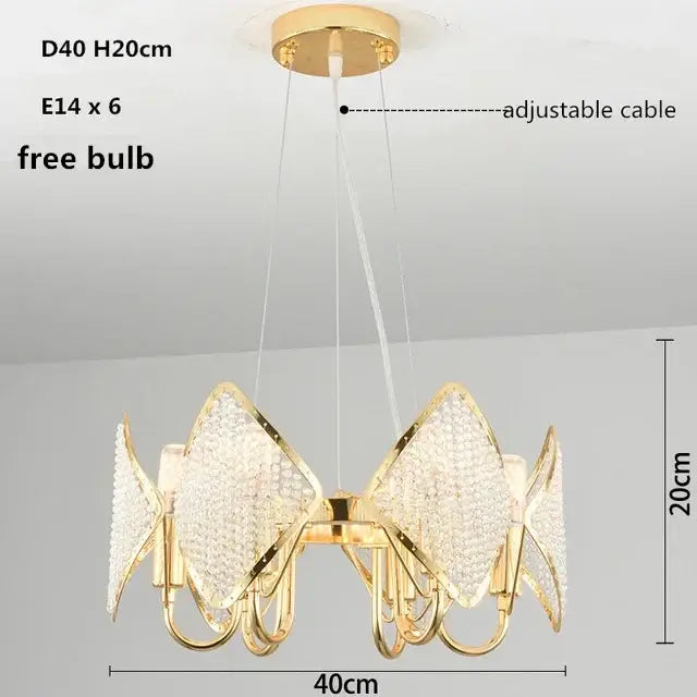 Gold-toned DecorBites crystal chandelier pendant light with six crystal diamond-shaped arms and adjustable cable for living room decor