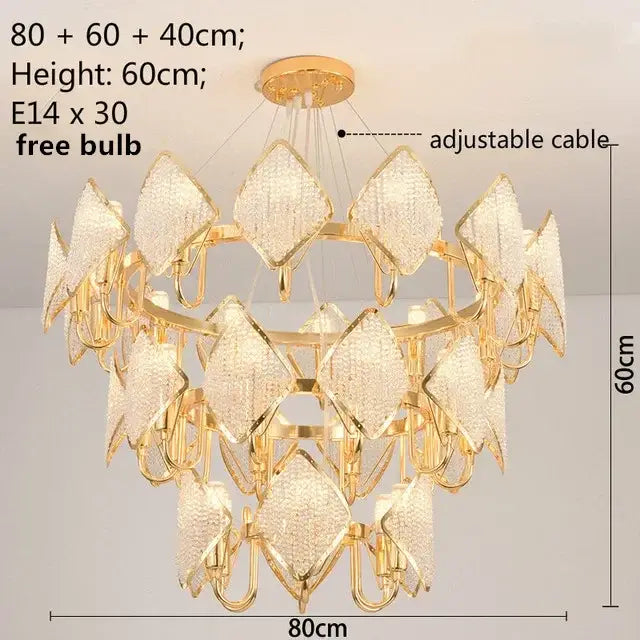 Gold-toned DecorBites crystal chandelier pendant light with diamond-shaped crystal pendants for elegant living room decor