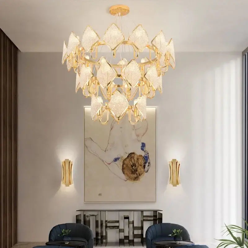 Gold-toned DecorBites crystal chandelier pendant light with diamond-shaped textured glass panels for elegant living room decor