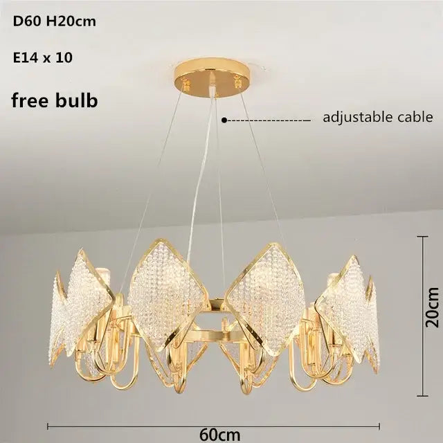 Gold-toned DecorBites crystal chandelier pendant light with diamond-shaped crystal panels and circular base for living room decor