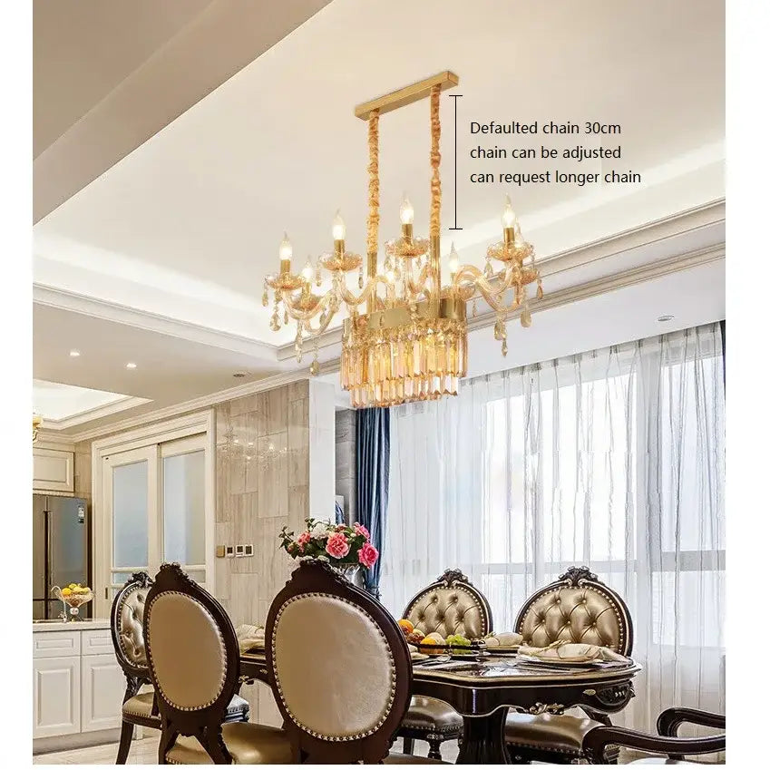 Gold-toned decorbites crystal chandelier pendant light with crystal droplets and ornate arms on 30cm adjustable chain