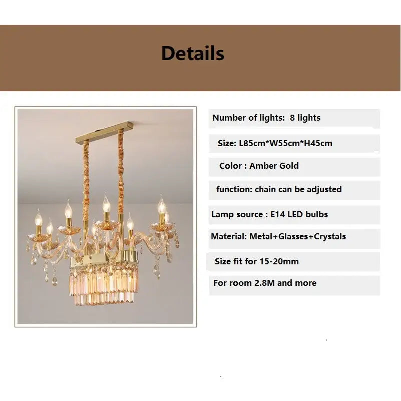 Amber gold decorbites crystal chandelier pendant light with intricate metal arms and tiered glass fringe for dining room