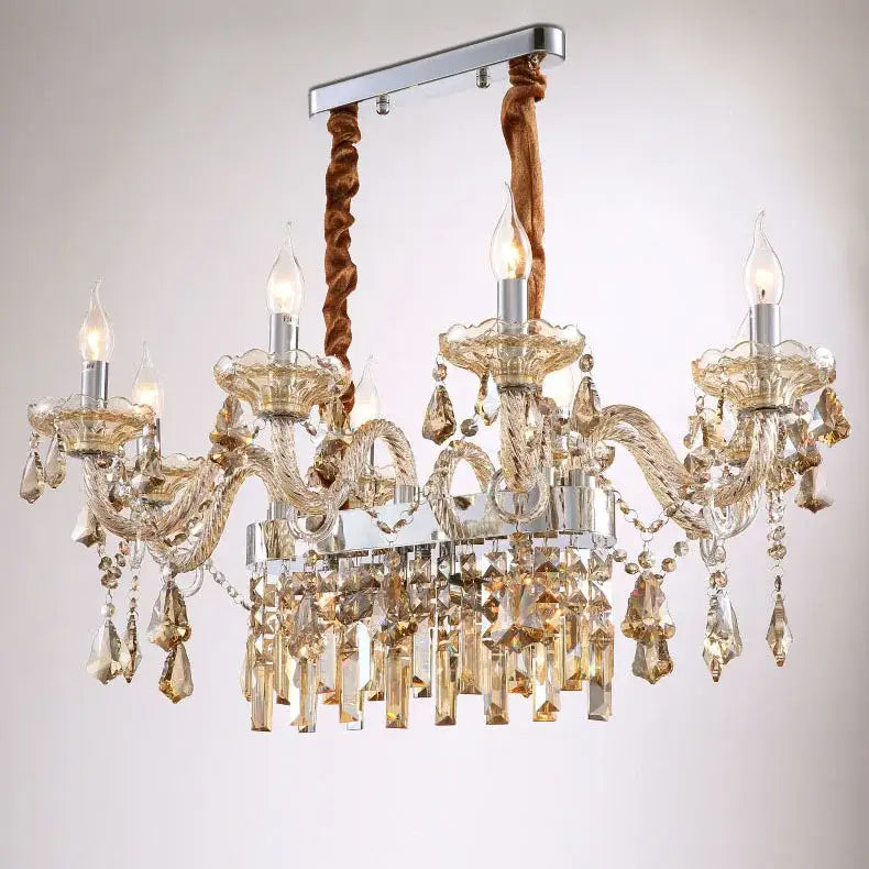 Decorbites crystal chandelier pendant light with silver frame amber glass prisms and bronze rope for dining room decor