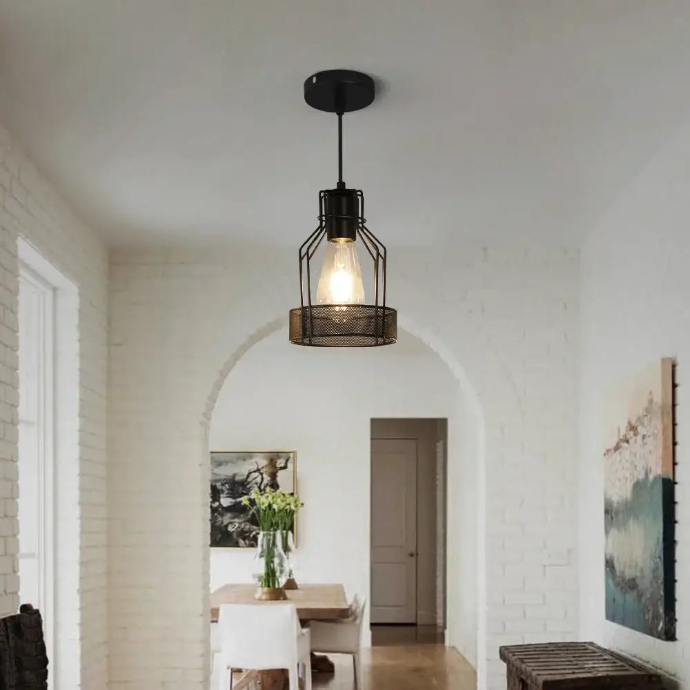 Decorbites crystal chandelier black metal pendant light with mesh cage and exposed edison bulb for dining decor