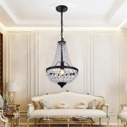 Black wrought iron decorbites crystal chandelier with cascading clear crystal droplets for dining and living room decor