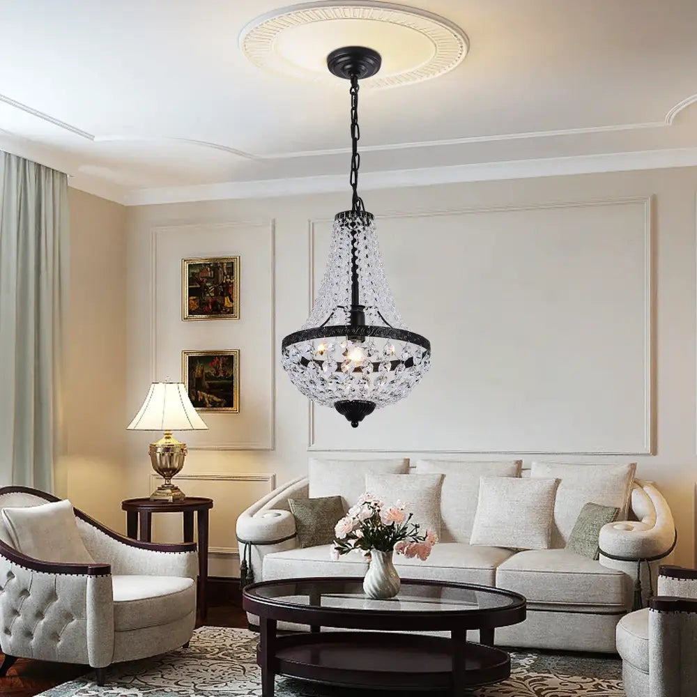 Black wrought iron decorbites crystal chandelier with cascading crystal droplets for dining and living room decor