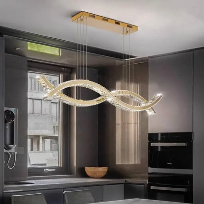 A modern gold-toned decorbites crystal chandelier pendant light with sleek intertwined design for living and dining room