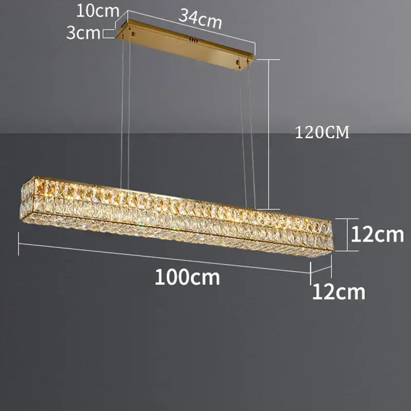 Gold-toned DecorBites crystal chandelier pendant light with rectangular shape and crystal accents for living and dining rooms