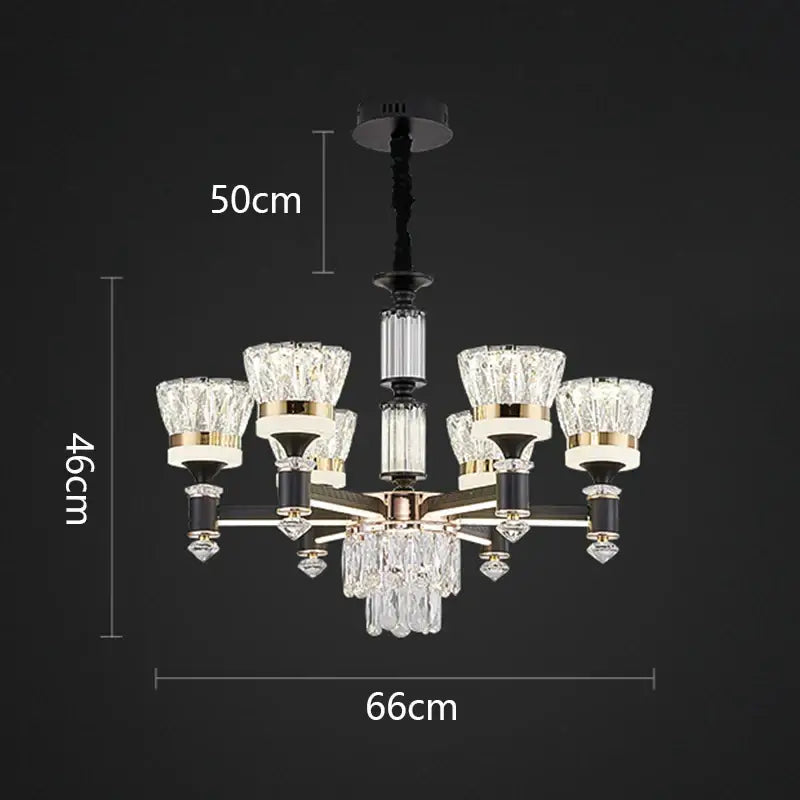 Elegant DecorBites crystal chandelier pendant light with black and gold finish, six faceted glass shades, and crystal droplets