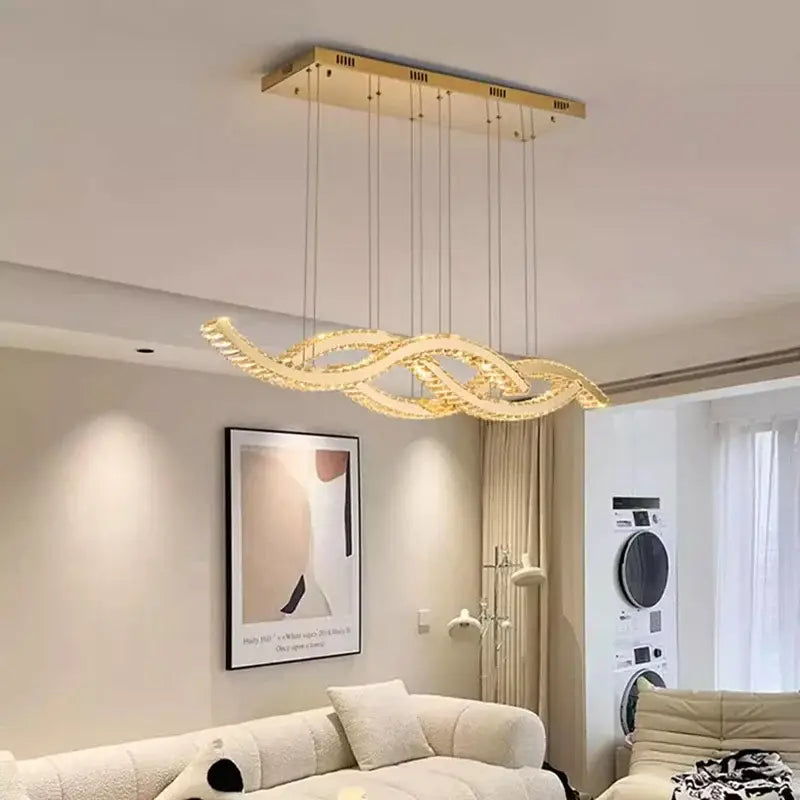 Gold-toned decorbites crystal chandelier pendant light with sleek intertwined design and embedded led lights for living room