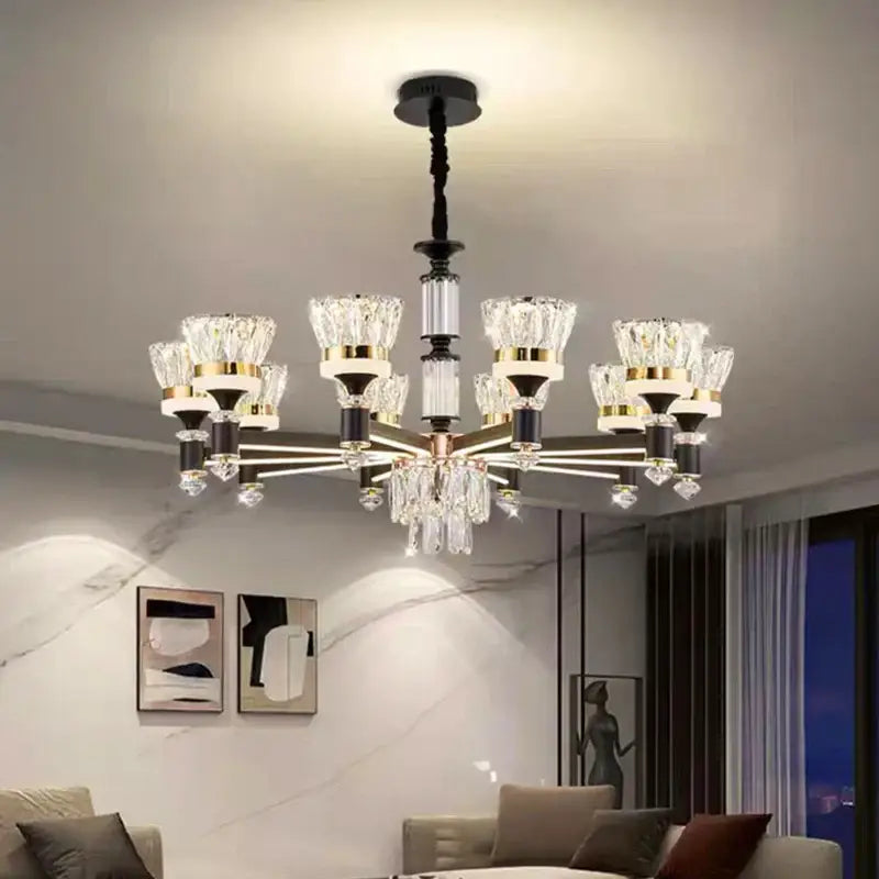 Modern decorbites crystal chandelier pendant light with black and gold metal frame and clear crystal shades for living room