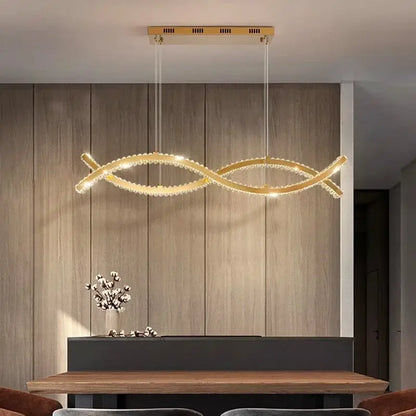 Gold-toned decorbites crystal chandelier pendant light with sleek double-loop design and sparkling crystal accents for living room