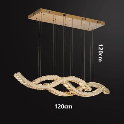 Gold-toned DecorBites crystal chandelier pendant light with sleek intertwined ribbons and crystal accents for living rooms