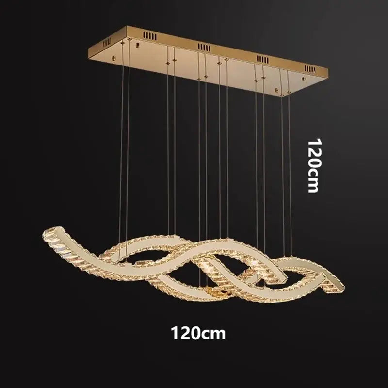 Gold-toned DecorBites crystal chandelier pendant light with sleek intertwined ribbons and crystal accents for living rooms