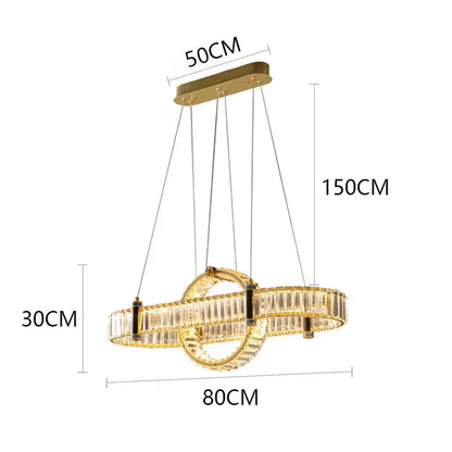 Gold-toned decorbites crystal chandelier pendant light with two interlocking crystal rings for living and dining rooms