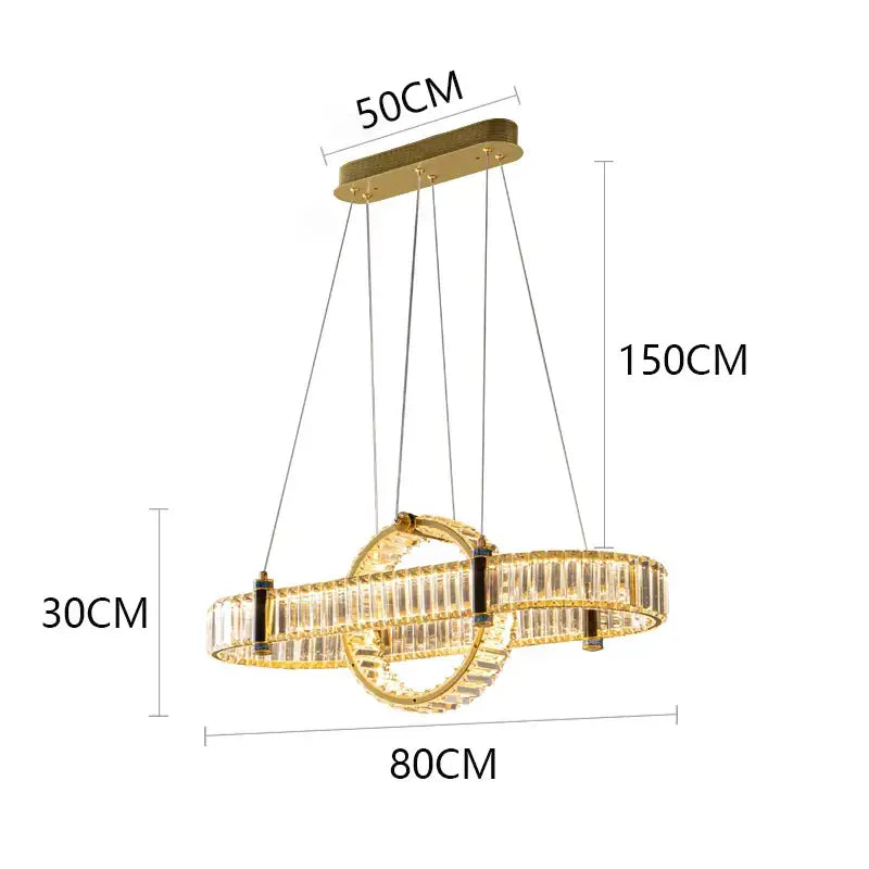 Gold-toned decorbites crystal chandelier pendant light with two interlocking crystal rings for living and dining rooms