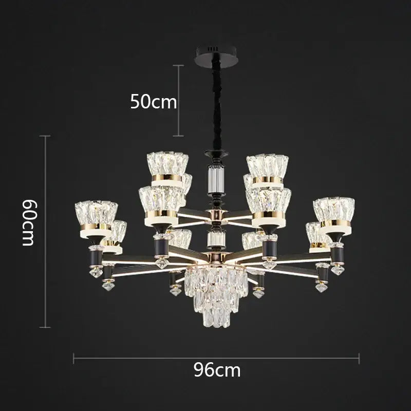 Elegant decorbites crystal chandelier pendant light with black and gold metal frame and faceted glass shades for living room