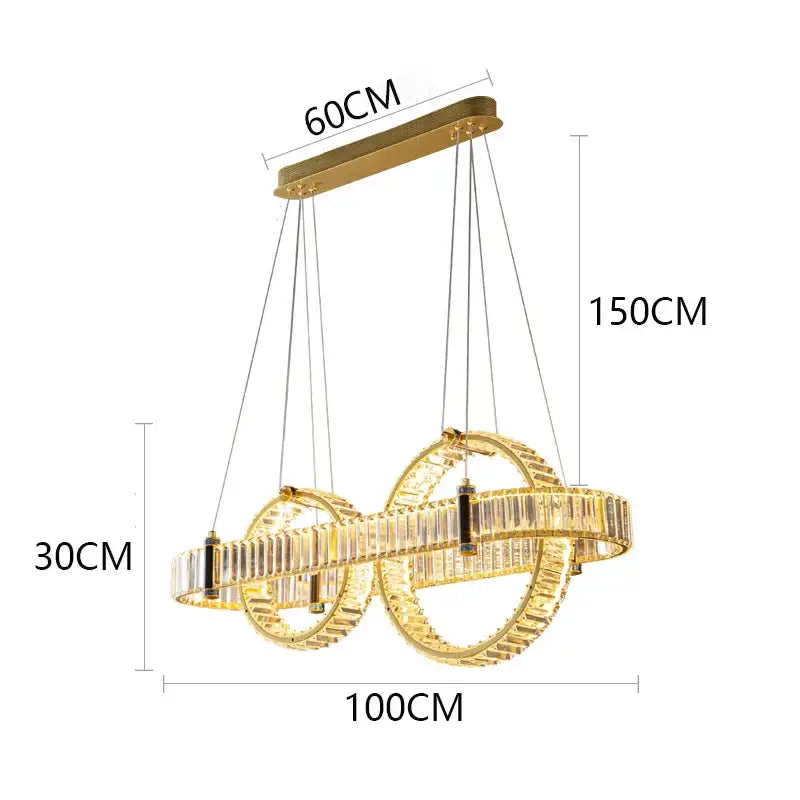 Gold-toned DecorBites crystal chandelier pendant light with interlocking rings and clear crystal accents for living room