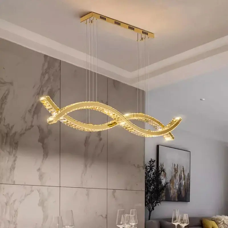 Golden modern decorbites crystal chandelier pendant light with twisted design and crystal accents for living room lighting